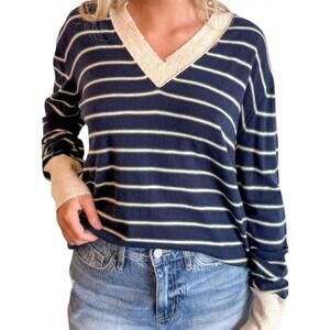 NEW SKY TO MOON striped v-neck sweater top in navy
